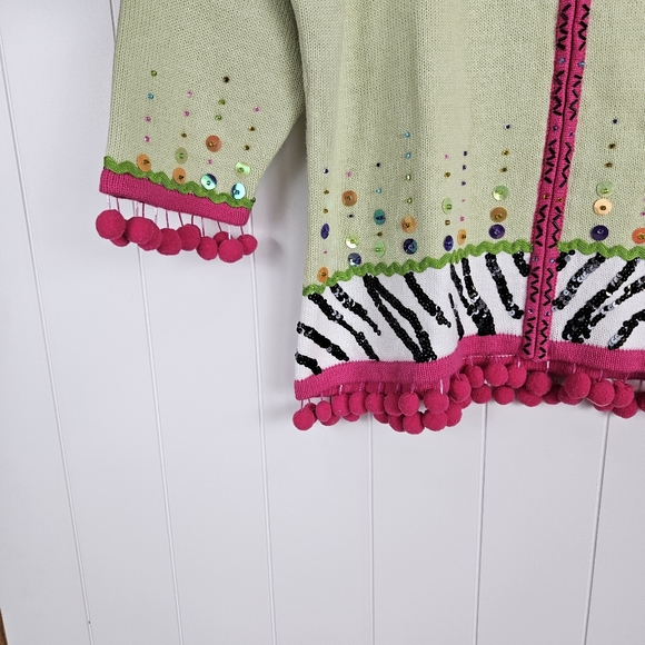 New Medium Storybook Knits Green Cardigan Pink Trim Zebra Print Full Zip Sequins - Picture 5 of 8